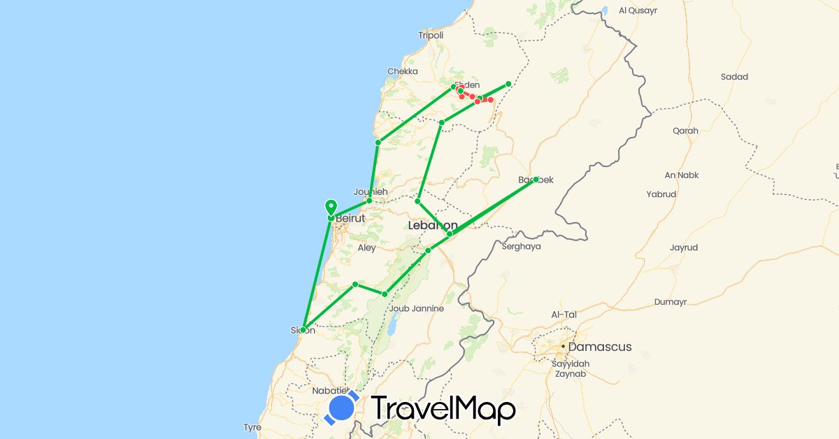 TravelMap itinerary: driving, bus, hiking in Lebanon (Asia)